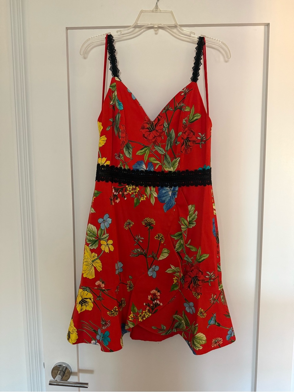 Alice + Olivia Red Floral Mini Dress with Black Lace Trim